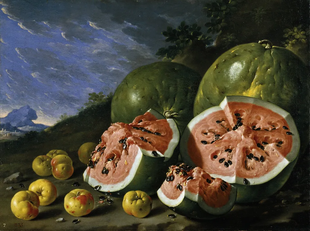 Still Life with Watermelons and Apples in a Landscape, by Luis Egidio Meléndez, oil, 1750