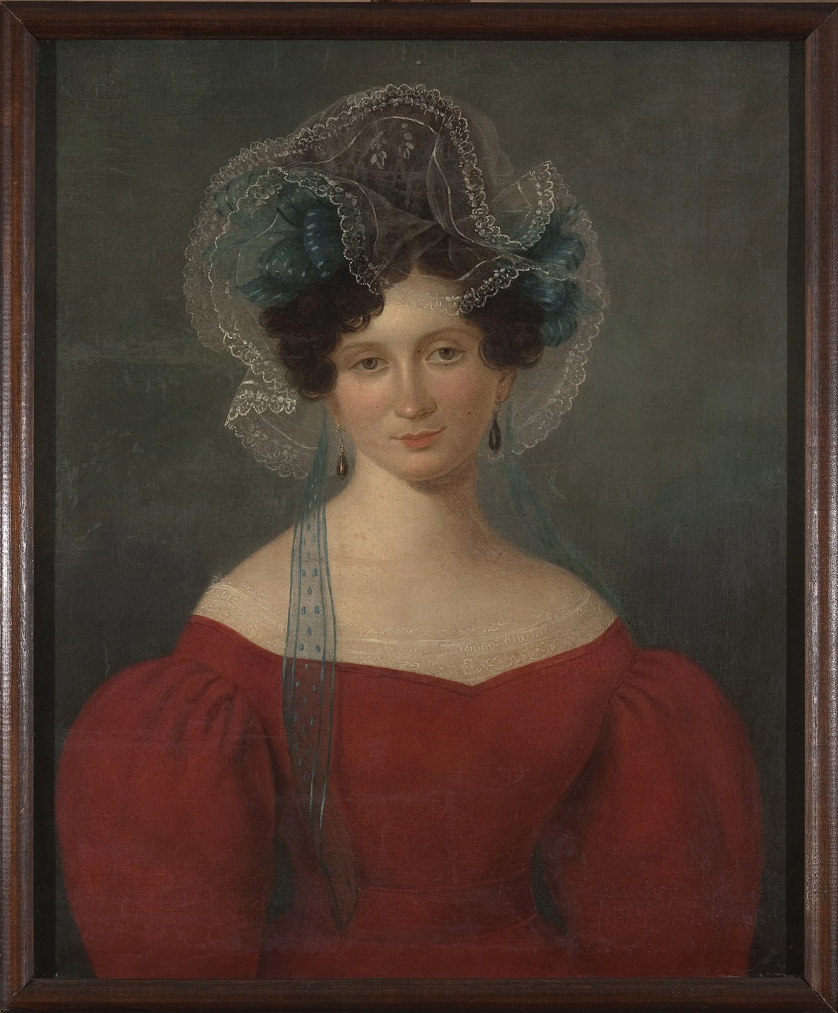 Portrait of a lady in a red dress, detail