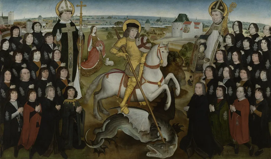 The Members of the Guild of the Large Crossbow of Malines, by Meister der Georgsgilde in Mecheln, oil, 1499