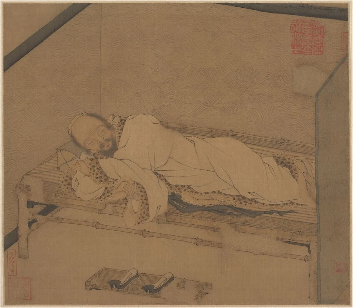 元/明 佚名 竹榻小憩圖 冊頁|Man Sleeping on a Bamboo Couch, detail