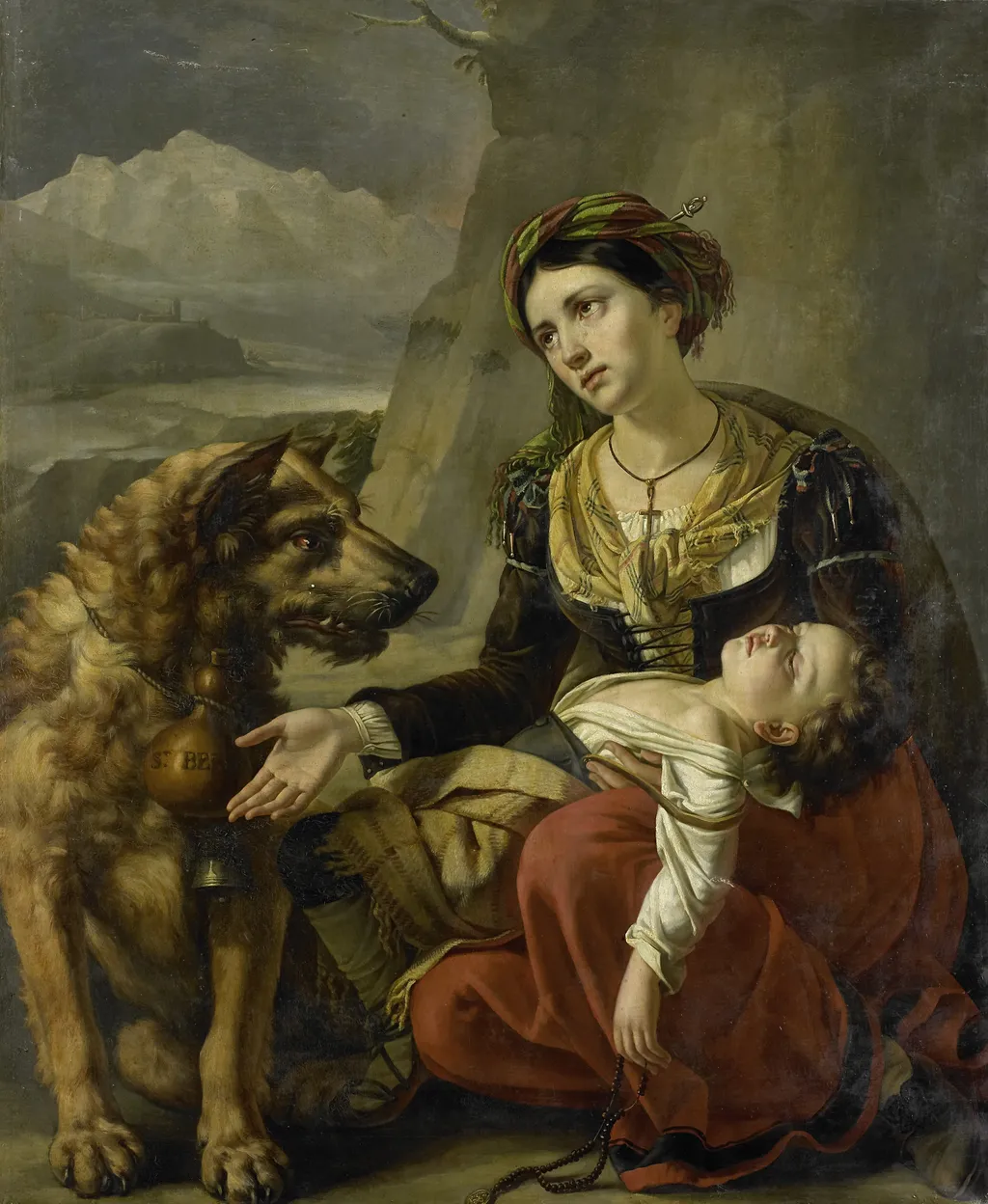 A Saint Bernard Dog Comes to the Aid of a lost Woman with a sick Child, by Charles Picqué, oil, 1827