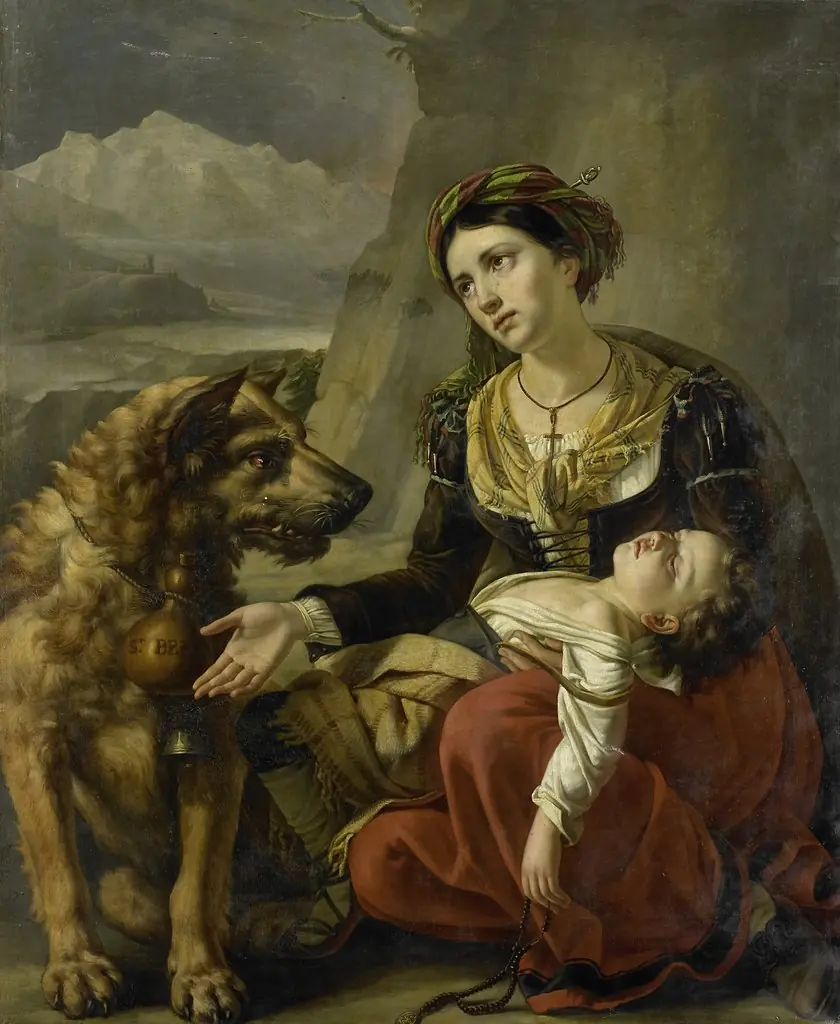 A Saint Bernard Dog Comes to the Aid of a lost Woman with a sick Child, by Charles Picqué, oil, 1827