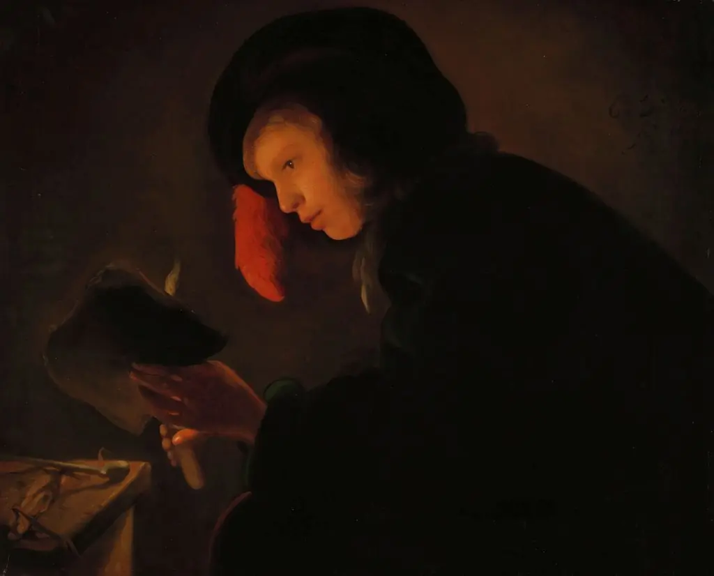 Young man by candle light, by Christian Dusart, oil, 1645