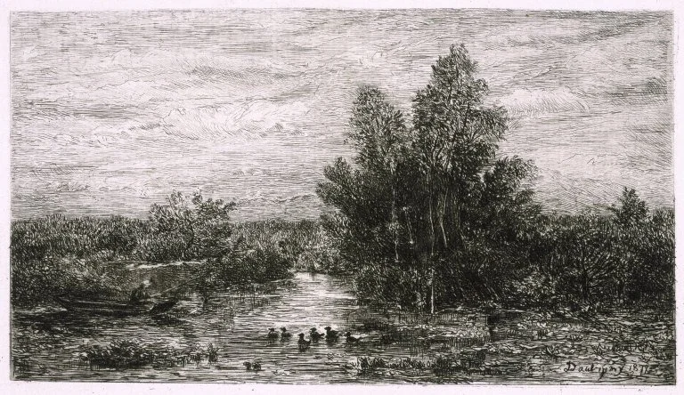 Fisherman on River with Ducks, detail