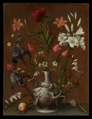Flowers in a Grotesque Vase, by Orsola Maddalena Caccia, oil, 1635