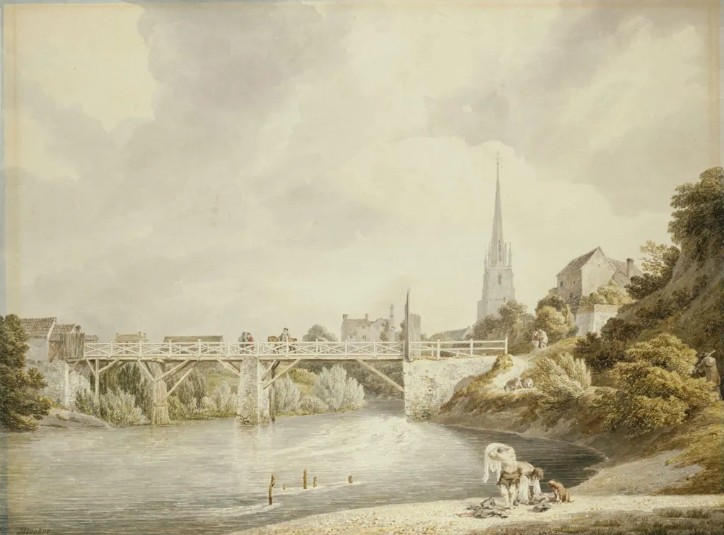 Bridge at Monmouth, with St. Mary's Church in the background, by Michael 'Angelo' Rooker, watercolor, 1760