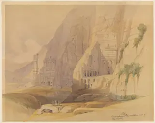 Petra  Excavations at the eastern end of the Valley, by Cornelius Pearson, watercolor, 1849