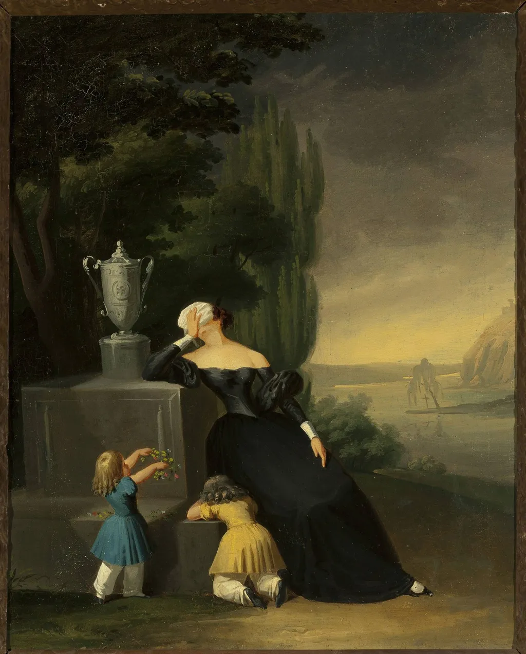Widow with a child at her husband's grave, by Wincenty Smokowski, oil, 1845