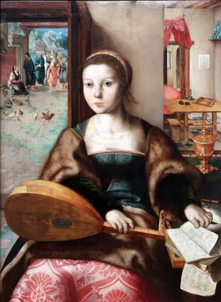 Young woman with lute and music book: Mary Magdalene, by Jan Sanders van Hemessen, paint, 1532