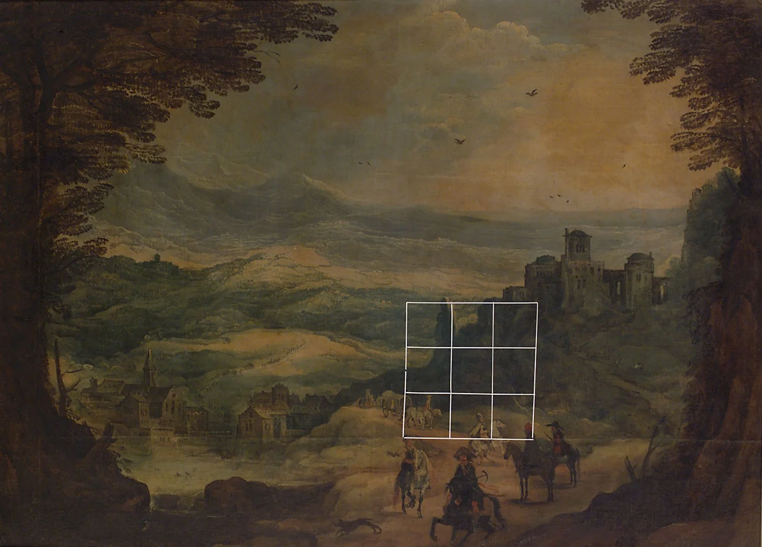 Landschaft mit Festung und Reitern, detail