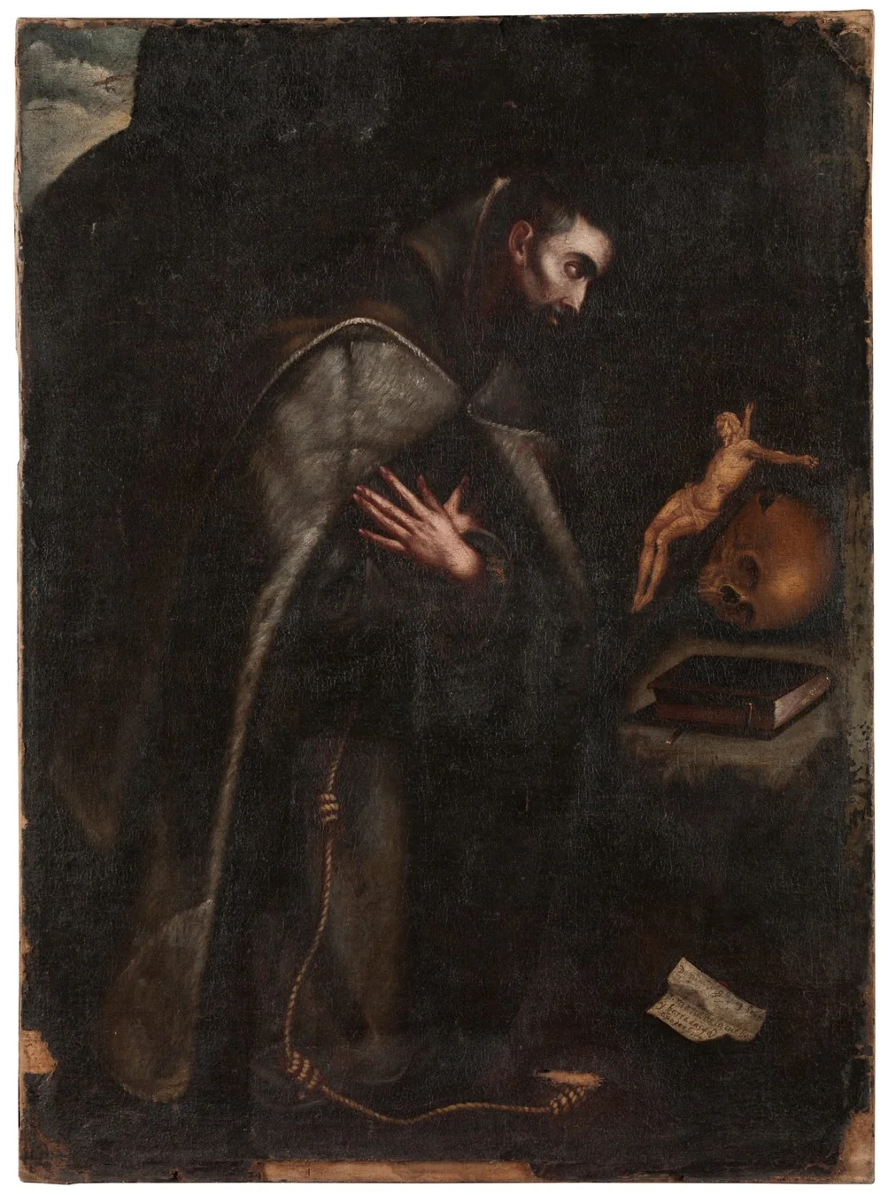 Saint Francis of Assisi kneeling in meditation, detail