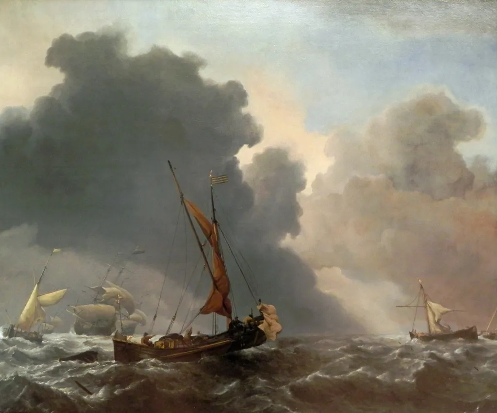 Eine Karg und andere Segler bei auffrischendem Wind, by Willem van de Velde the Younger, oil, 1692