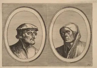 "Voorsichtighe Krijn" and "Broentje Spaer-pots", by Johannes van Doetechum the Elder, ink, 1564