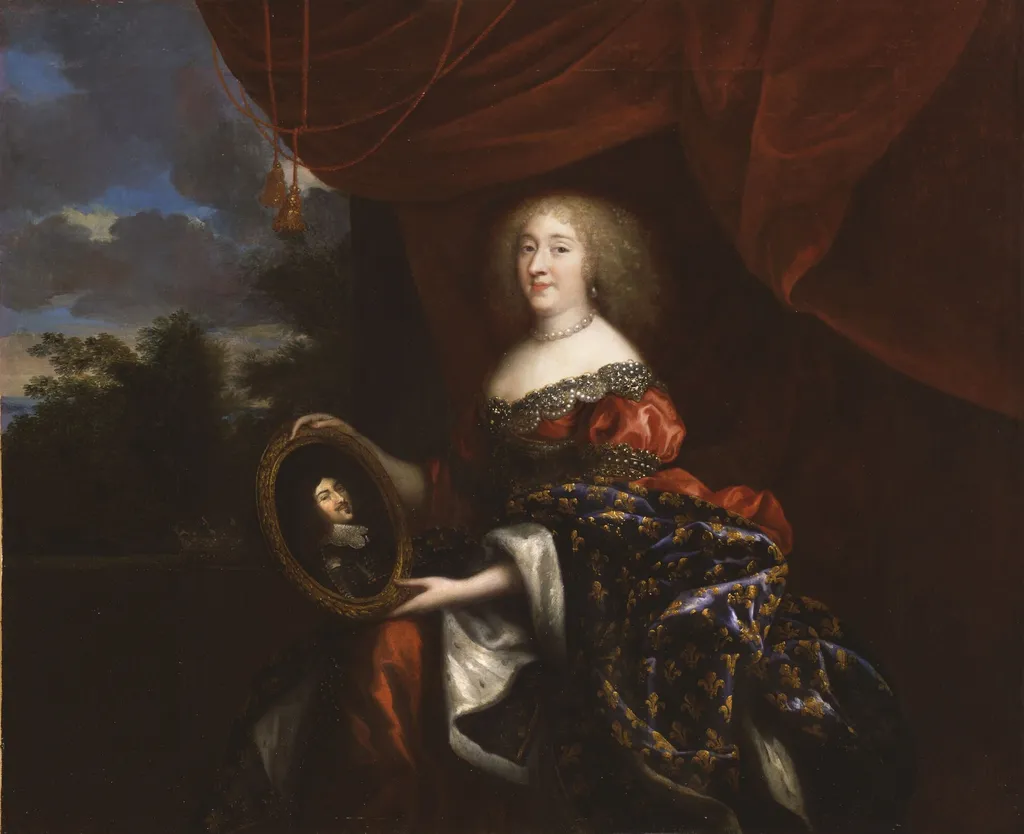 Anne Marie Louise d'Orléans holding a portrait of her father the late Duke of Orléans, by Jean Nocret, oil