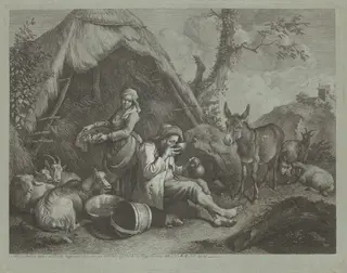 Seated Old Man and Woman with a Basket of Eggs, by Francesco Londonio, ink, 1770