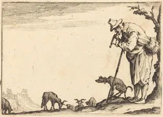 Shepherd Playing Flute, by Jacques Callot, ink, 1617
