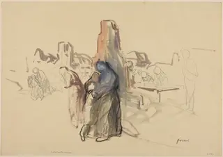 a) C'etait notre maison (recto); b) Refugees in a Landscape (verso), by Jean-Louis Forain, watercolor, 1916