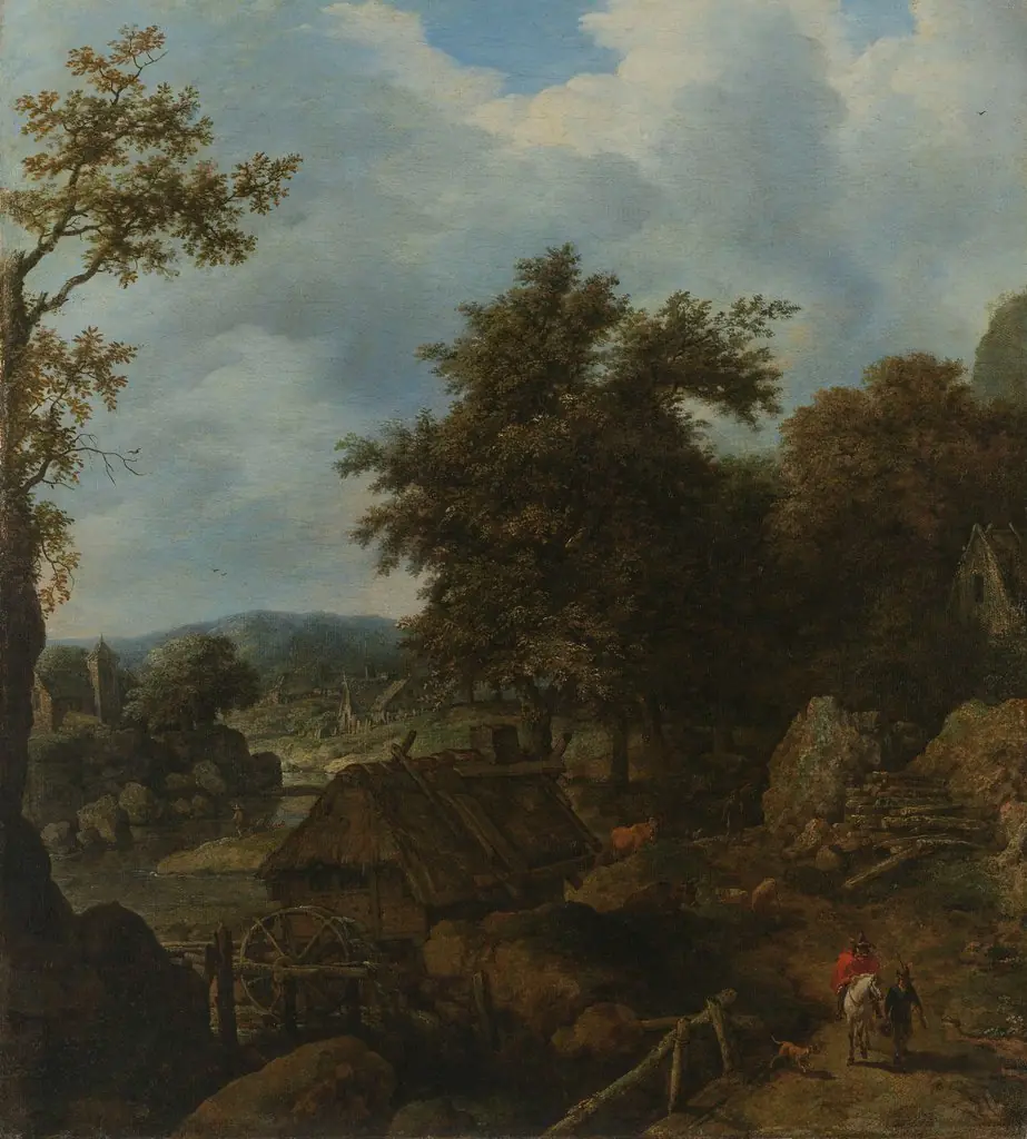 Swedish landscape with a watermill, by Allart van Everdingen, oil, 1655