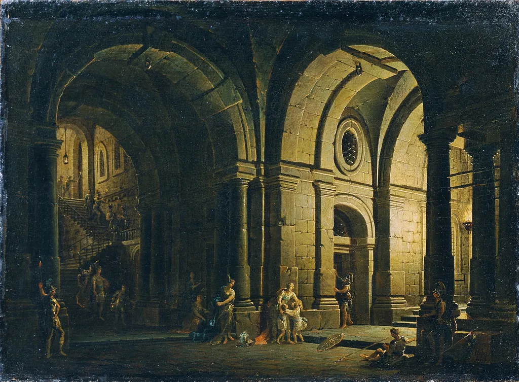 Julius Sabinus says goodbye to his family in the dungeon, by Josef Platzer, oil, 1794