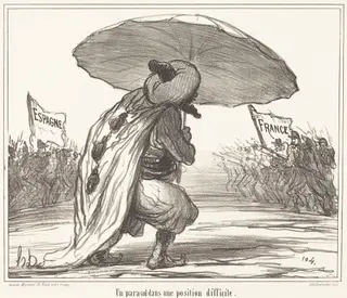Un Parasol dans une position difficile, by Honoré Daumier, ink, 1859
