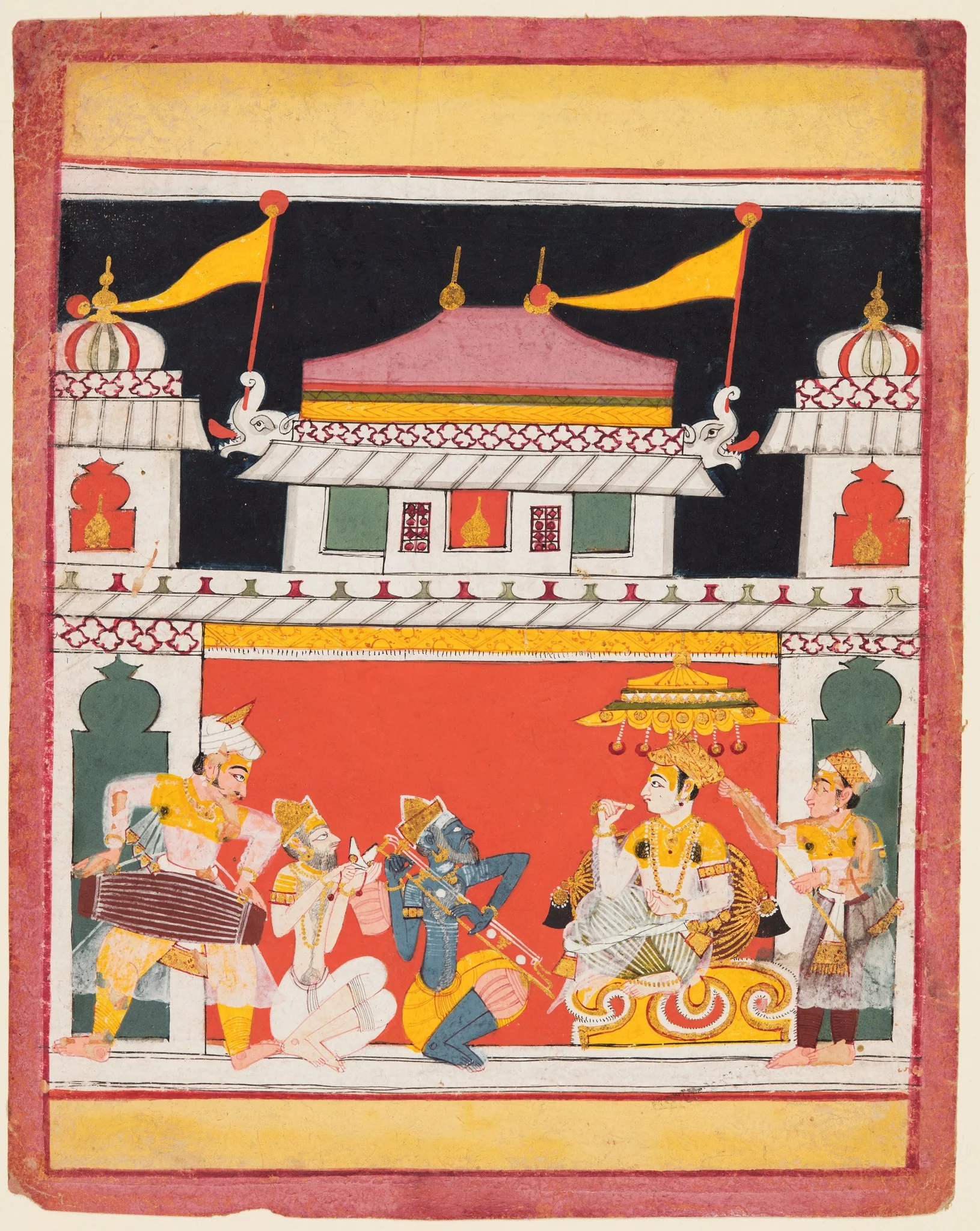Three Musicians Perform Before a King: Shri Raga, from a Ragamala, detail