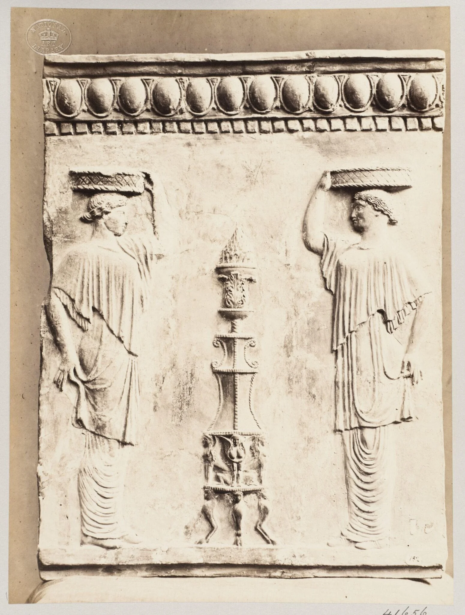 Bas-relief of a portion of a frieze with a thymiaterion and two temple slave females carrying baskets in terra cotta, detail