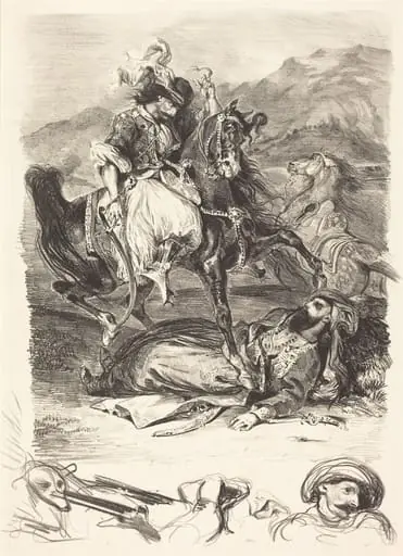 The Battle of the Giaour and the Pasha (Combat du Giaour et du Pacha), by Eugène Delacroix, ink, 1827