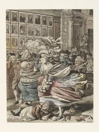 A Windy Day - scene outside the shop of Bowles, the printseller, in St. Paul's Churchyard, by Robert Dighton, watercolor, 1751