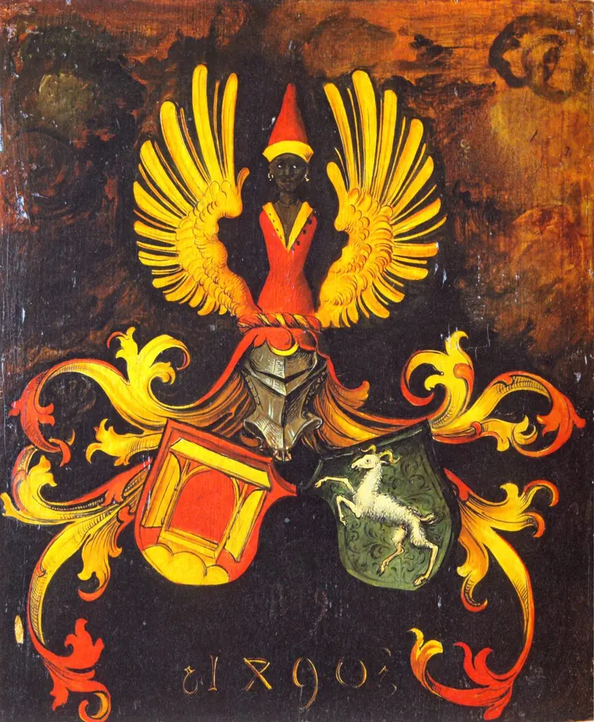 Marriage Coat of Arms of the Families Duerer and Holper. Verso of the Albrecht Dürer the Elder portrait, by Albrecht Dürer, oil, 1496