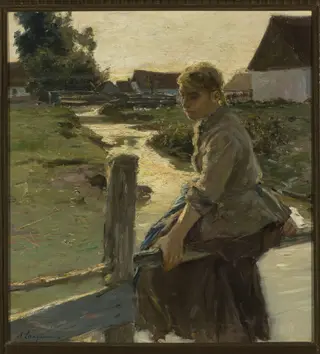 Girl at a creek, by Arthur Langhammer, oil, 1887