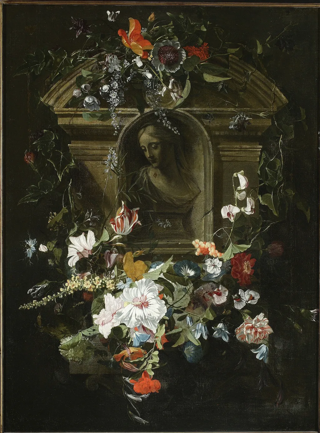 Bust of a woman in a circle of flowers, by Daniel Seghers, oil, 1658