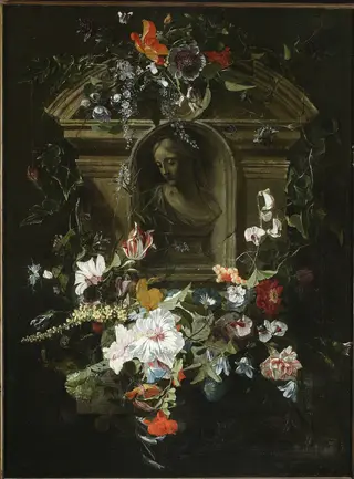 Bust of a woman in a circle of flowers, by Daniel Seghers, oil, 1658