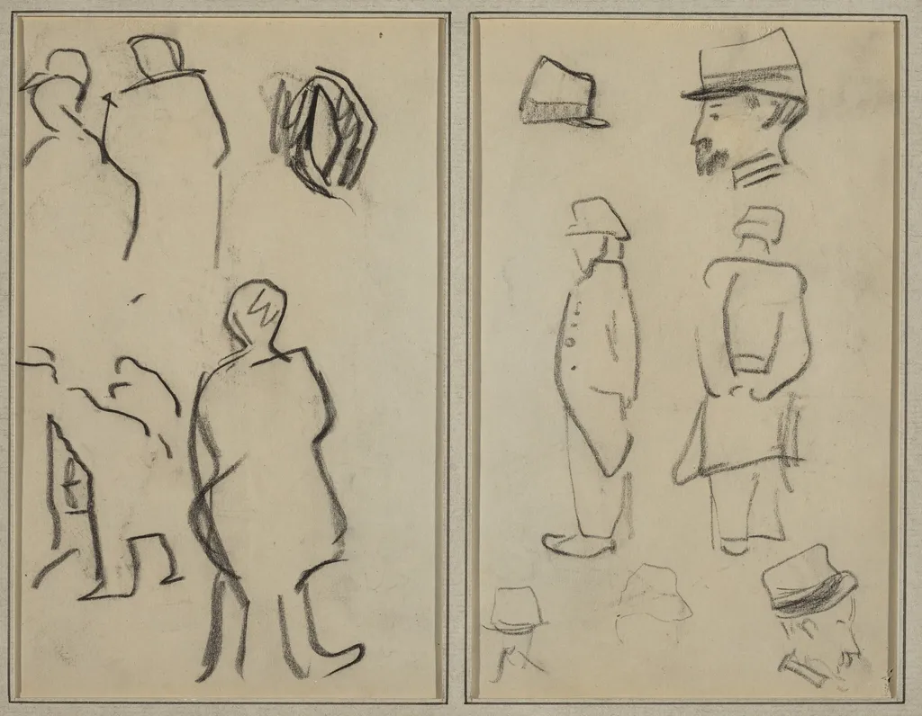 Figure Studies; Studies of Soldiers [verso], by Paul Gauguin, crayon, 1886