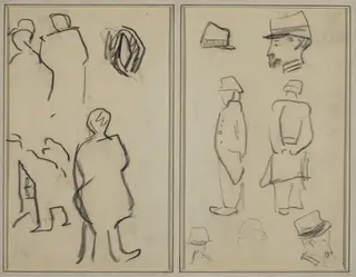 Figure Studies; Studies of Soldiers [verso], by Paul Gauguin, crayon, 1886