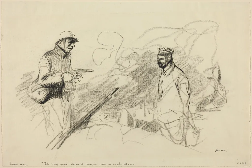 Poilu Acknowledging German Soldier, by Jean-Louis Forain, crayon, 1918
