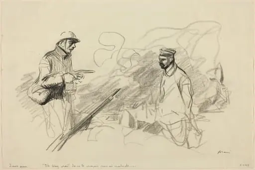 Poilu Acknowledging German Soldier, by Jean-Louis Forain, crayon, 1918