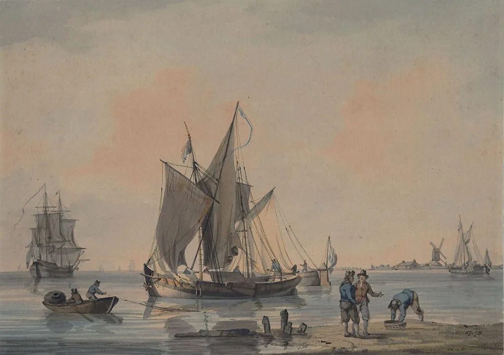 Coast scene with shipping and figures, by William Anderson, watercolor, 1795