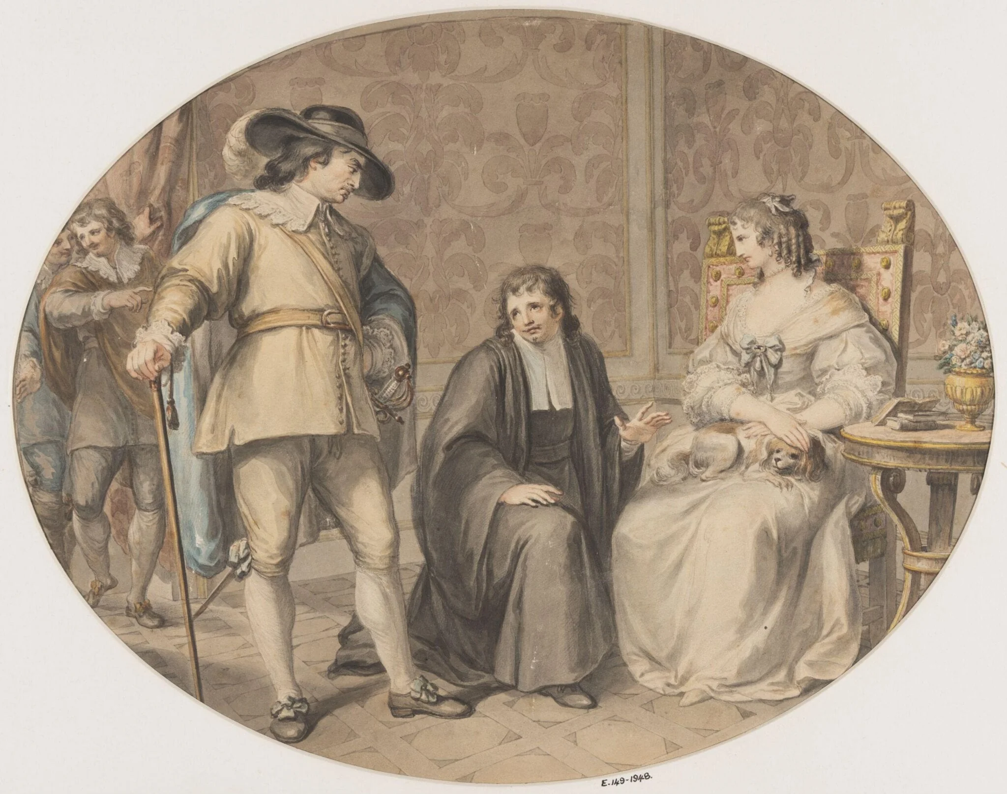 Oliver Cromwell discovering his chaplain, Jeremiah White, on his knees before his youngest daughter, Frances., detail
