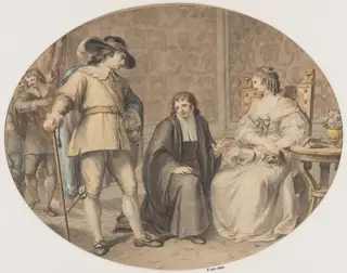Oliver Cromwell discovering his chaplain, Jeremiah White, on his knees before his youngest daughter, Frances., by Giovanni Battista Cipriani