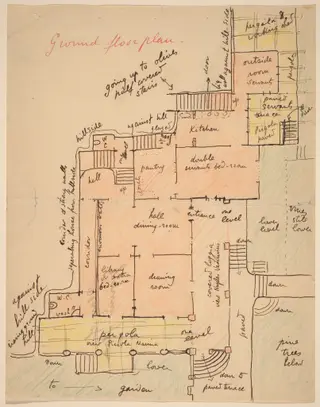 Ground Floor Plan for Torre Quatro Venti, by Elihu Vedder, ink, 1905