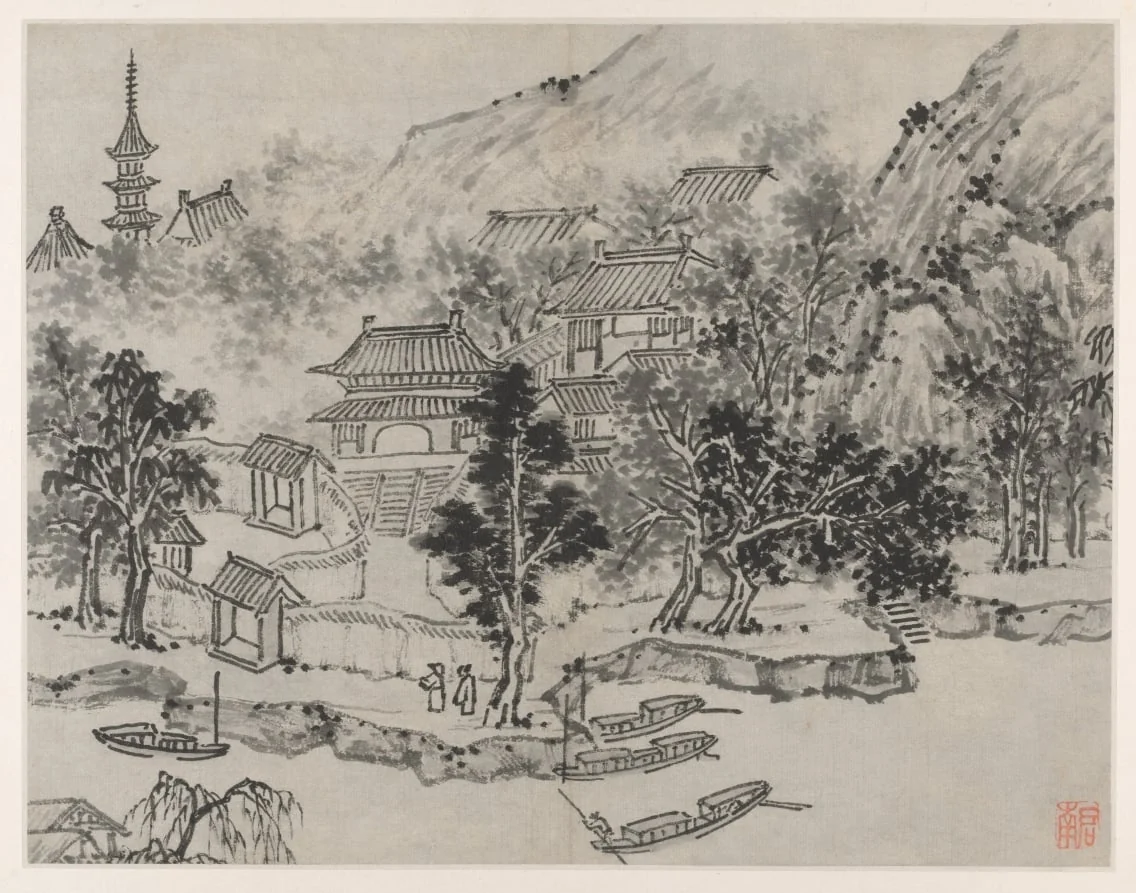 Distant View of Tiger Hill from the Canal Mooring, from Twelve Views of Tiger Hill, Suzhou, detail