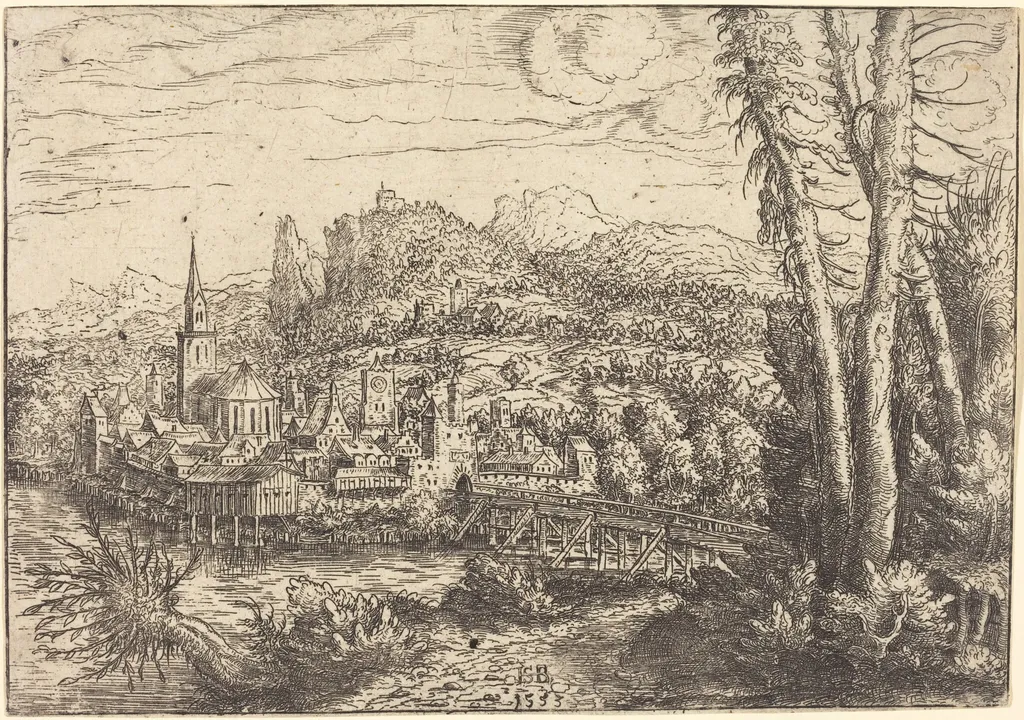 View of a City near a River, by Hanns Lautensack, ink, 1553