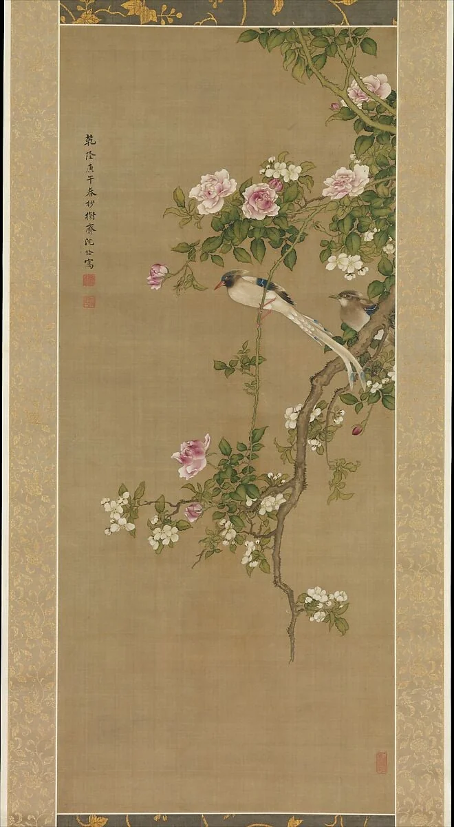 清 沈銓 高堂雙壽圖 軸|Crabapple, China rose, and Indian flycatcher, detail