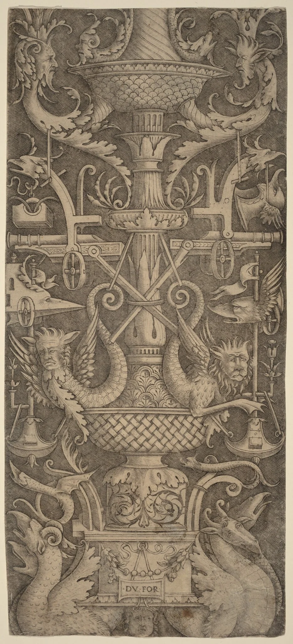 Ornament Panel with Dragons, Masks, and Instruments of War, detail