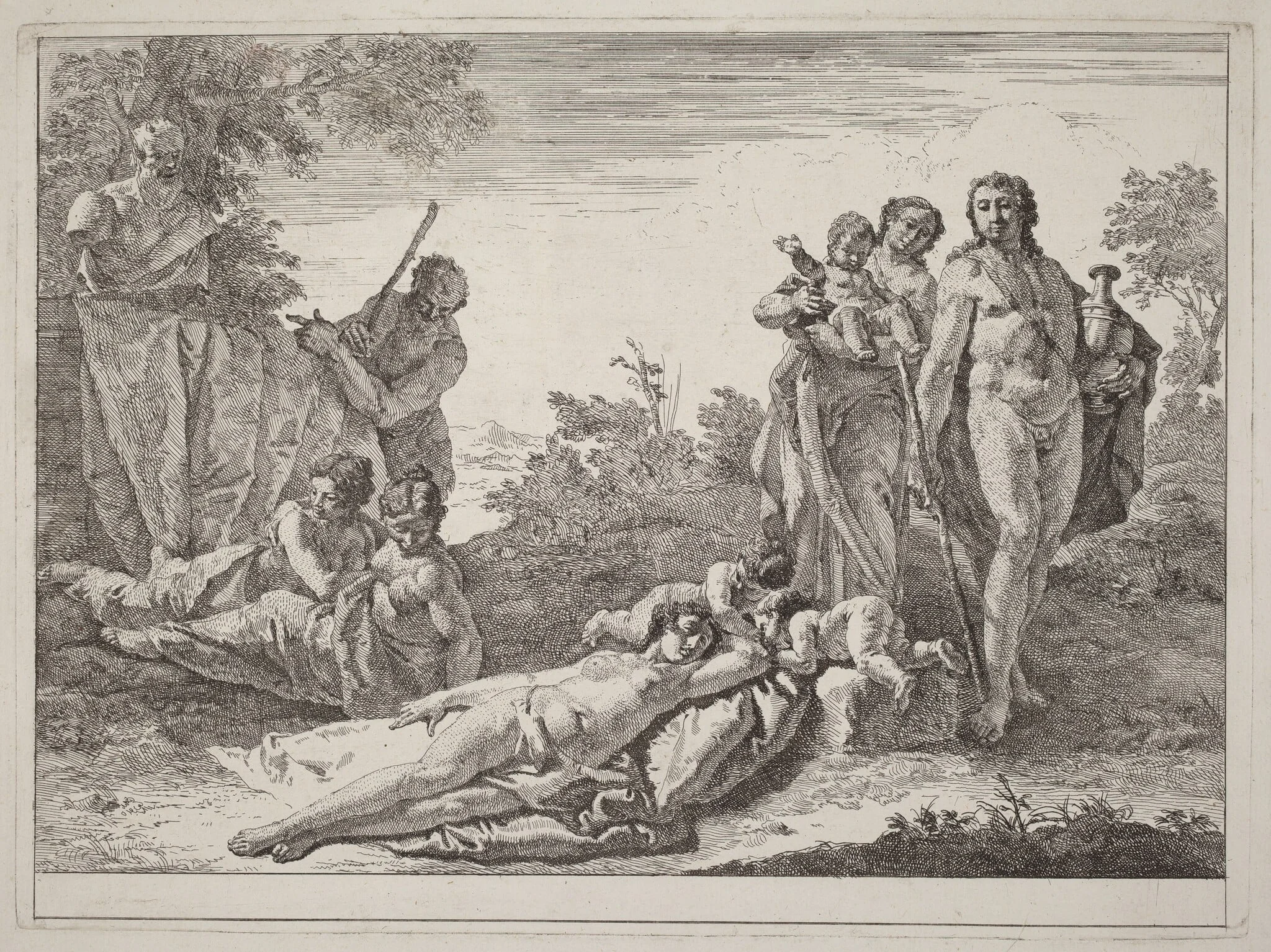 Apollo and Nymphs in a Landscape with a Bust of Pan, detail