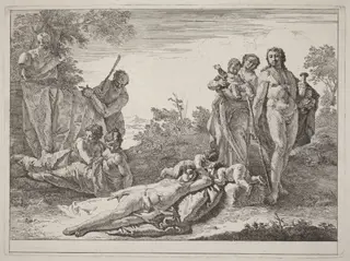 Apollo and Nymphs in a Landscape with a Bust of Pan, by Francesco Fontebasso, ink, 1744