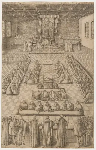 James I in Parliament, by Renold Elstrack, ink, 1610