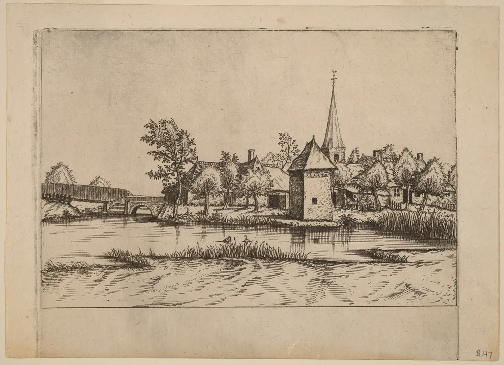 Country Village with Church and Bridge, by Johannes van Doetechum the Elder, ink, 1560
