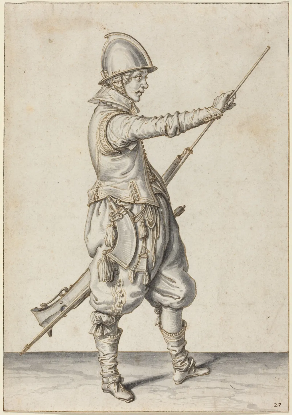 Elegantly Dressed Soldier Tamping His Caliver, by Jacques de Gheyn II, ink, 1597