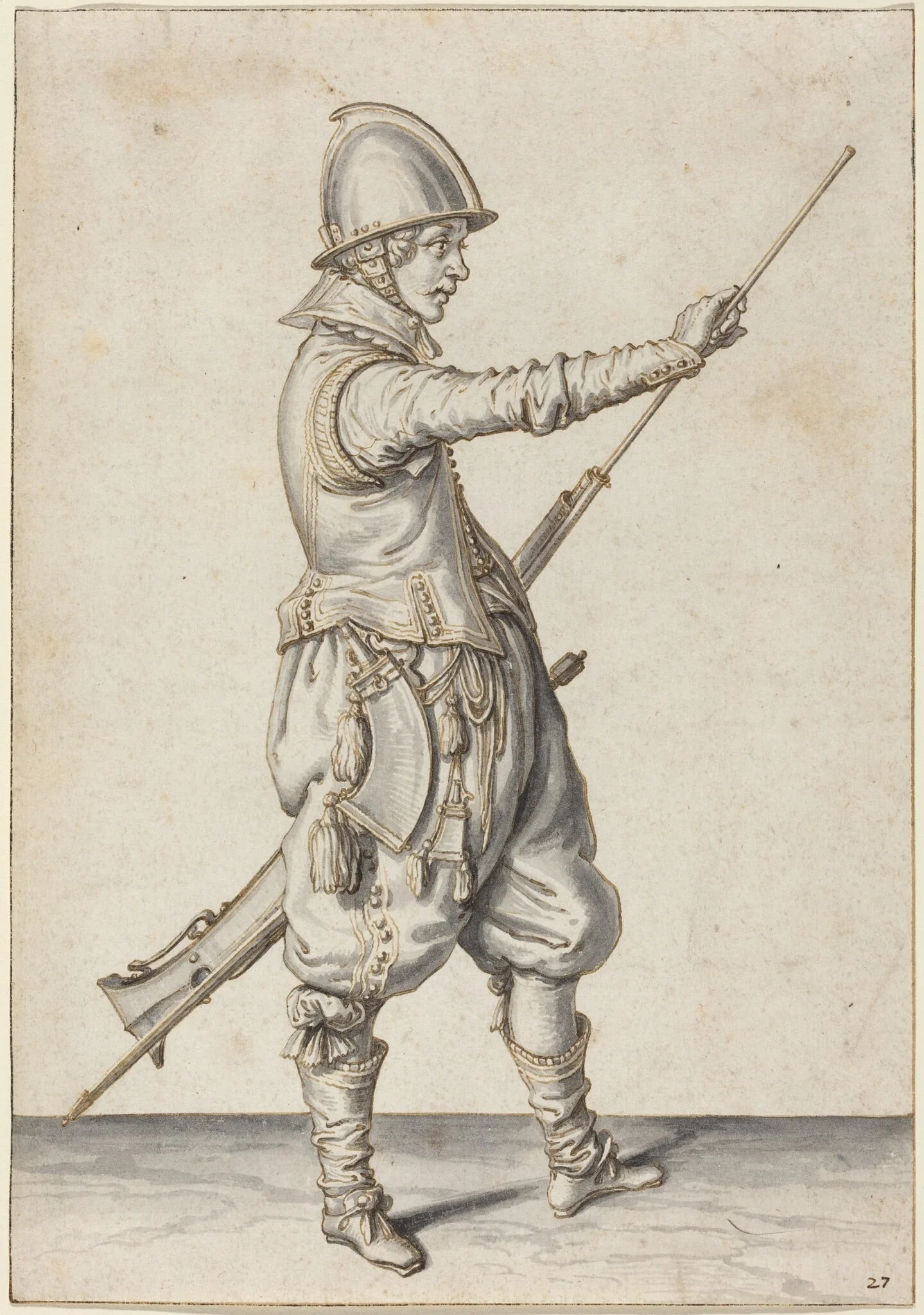 Elegantly Dressed Soldier Tamping His Caliver, detail